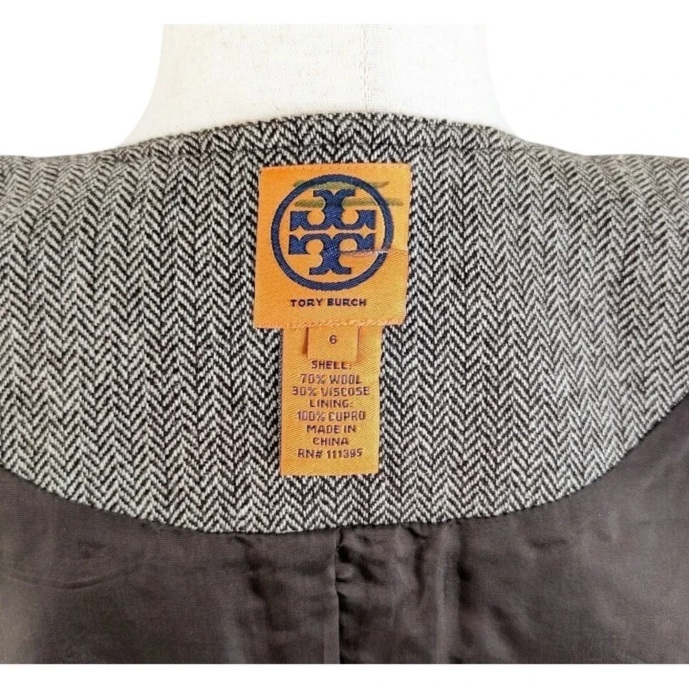 Tory Burch Wool Herringbone Jacket Size 6 Brown Leather Snap Equestrian‎ Luxury